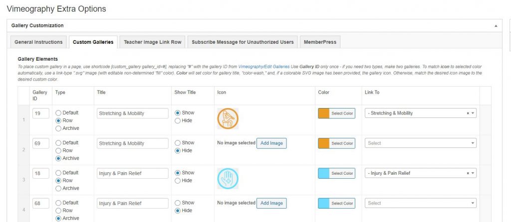 Custom Gallery Setttings